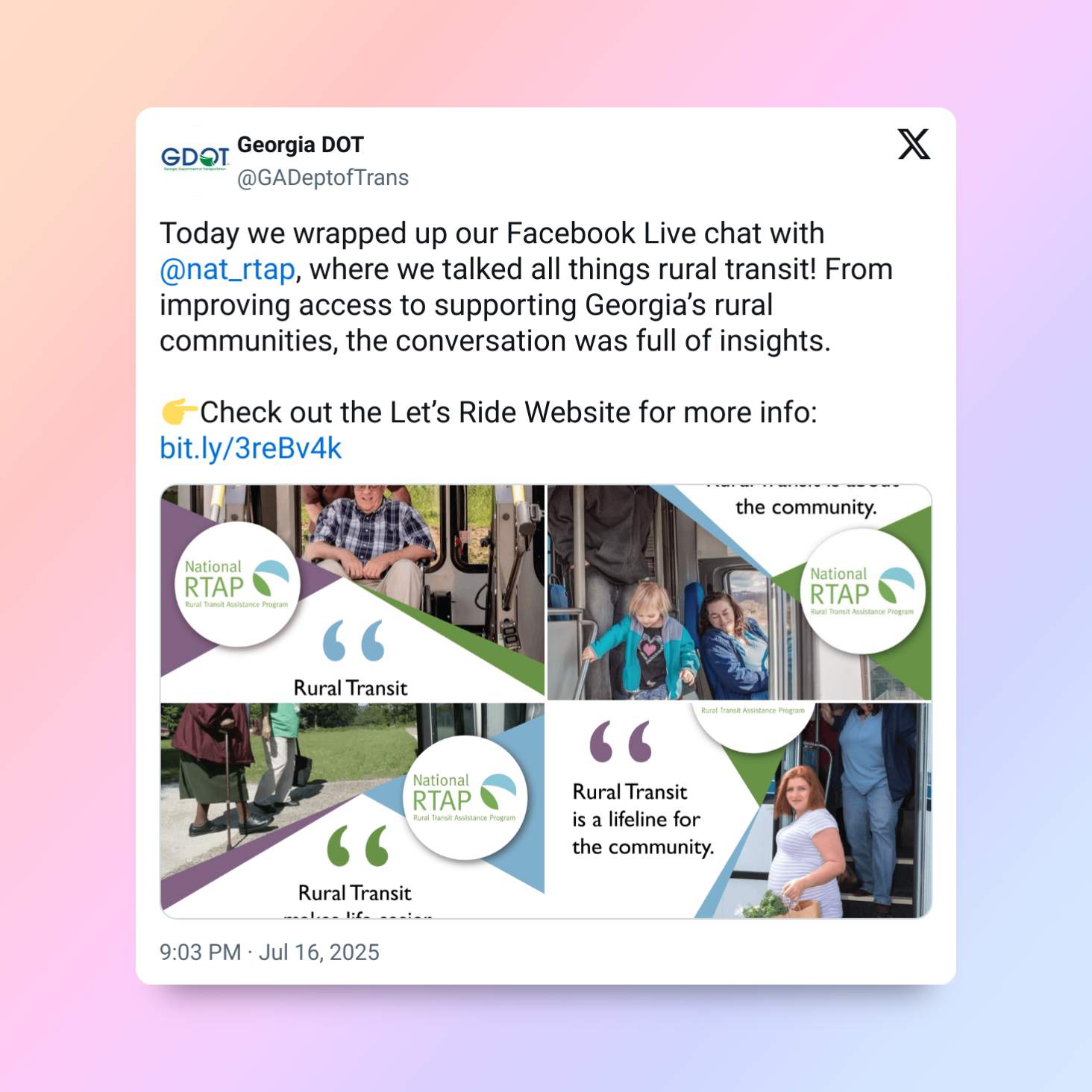 Tweet from Georgia DOT about a Facebook Live chat on rural transit in Georgia; includes photos and a website link.