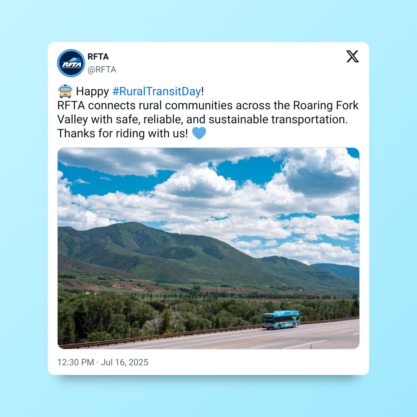 Tweet celebrating Rural Transit Day: RFTA bus on road with mountains in background. Blue sky, green landscape.