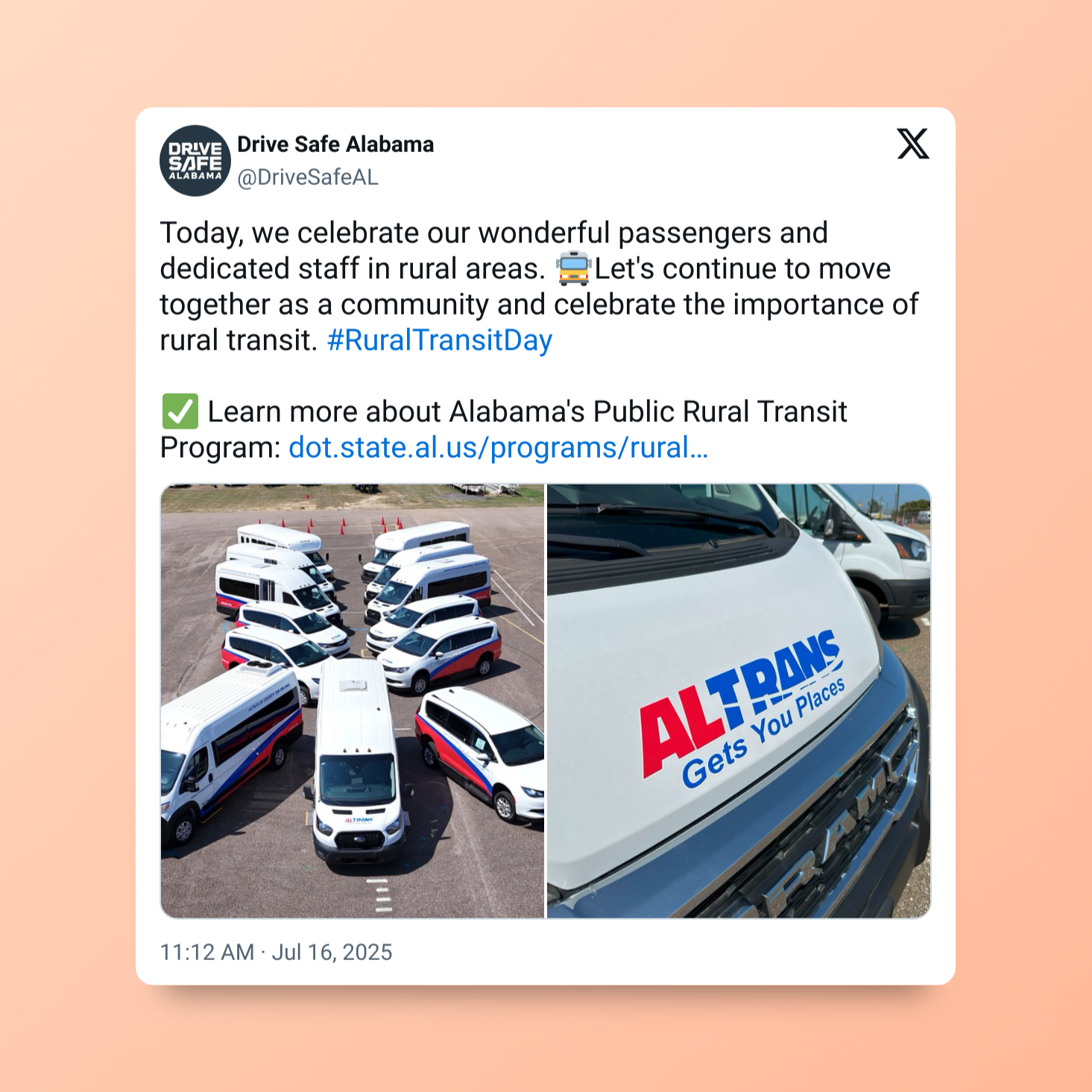 Tweet celebrating rural transit with multiple vans and close-up of 