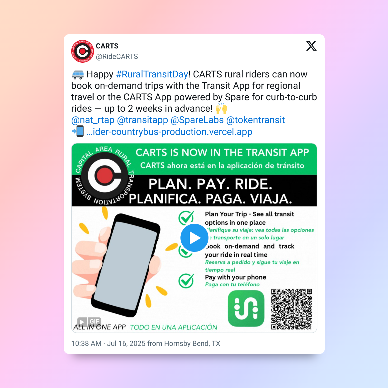 Tweet from CARTS. Text and graphics promote booking rides with the Transit App.