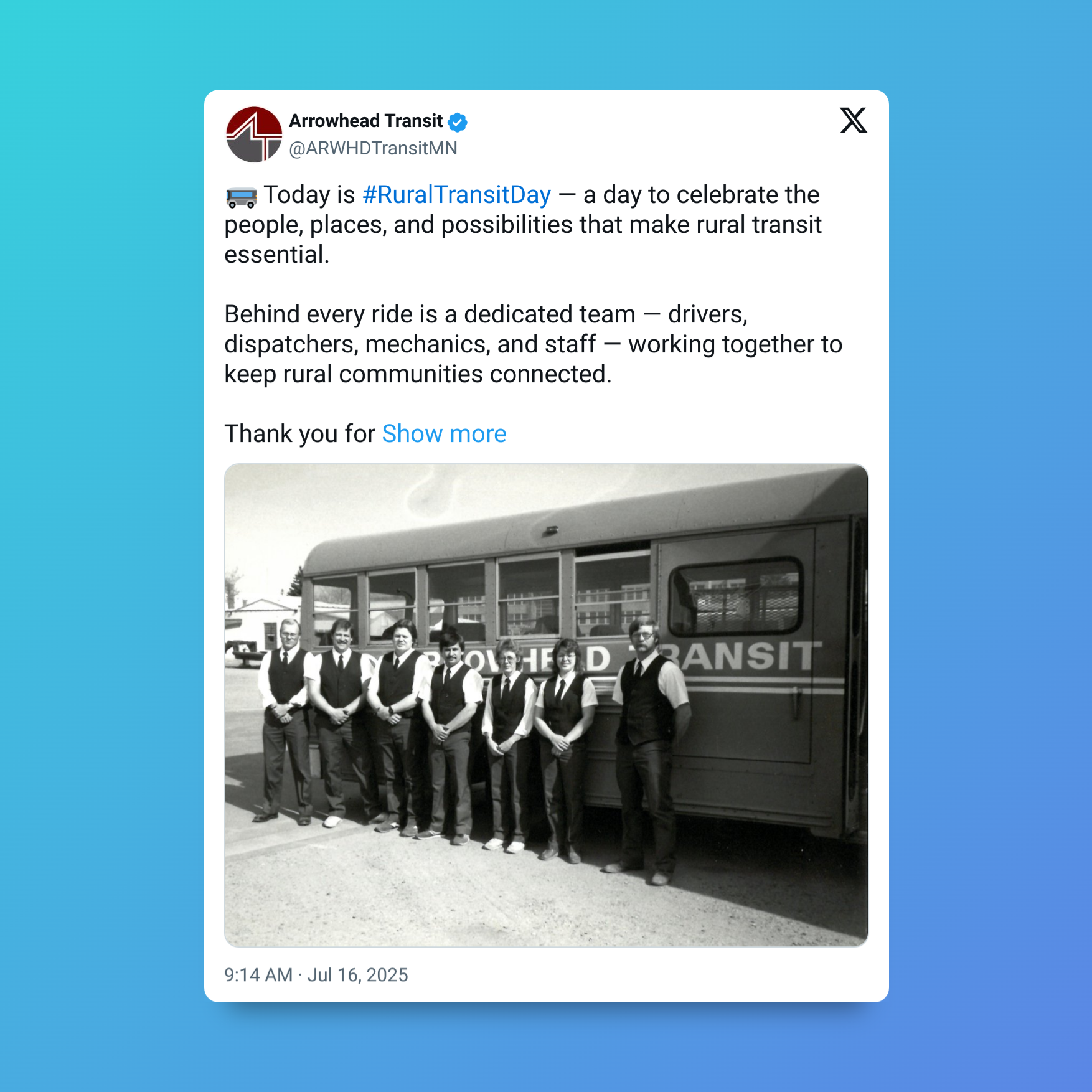 Tweet celebrating Rural Transit Day. Group of transit staff stand in front of a bus.