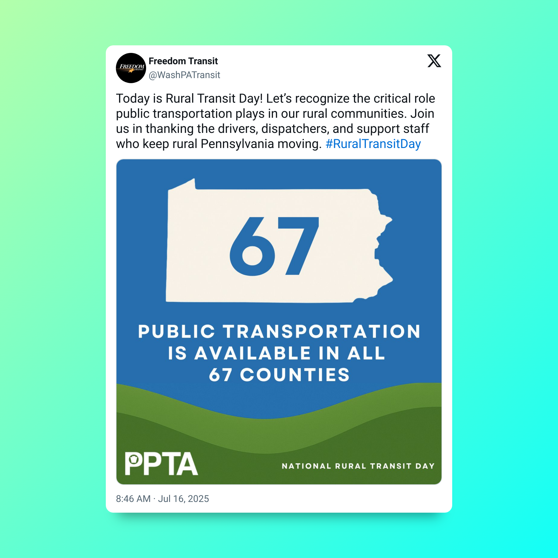 Tweet for Rural Transit Day, blue graphic showing Pennsylvania's outline with 