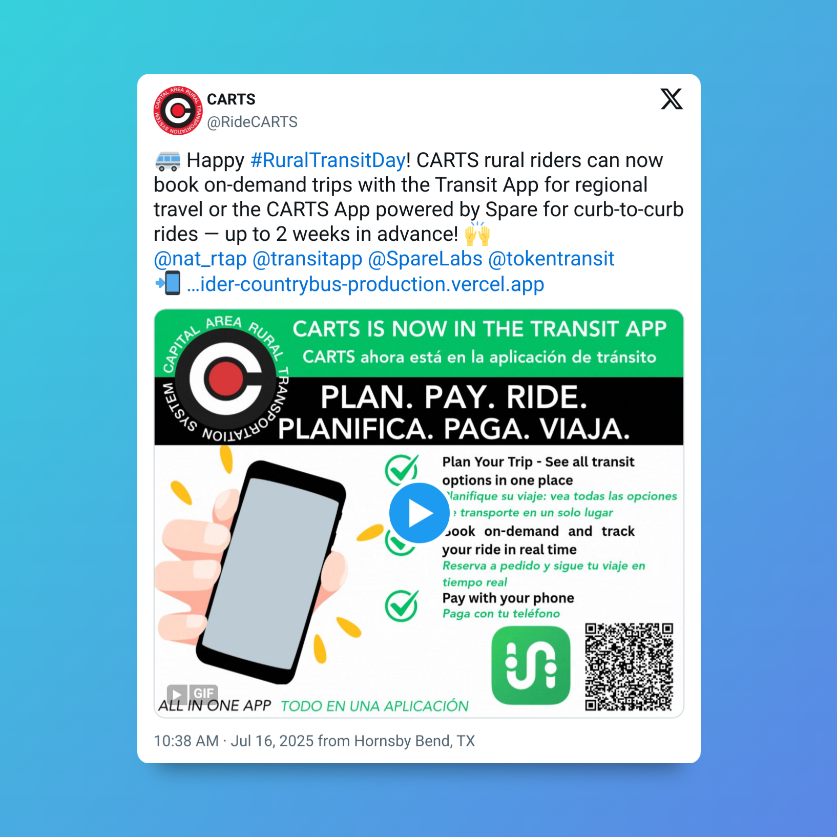 Tweet promoting CARTS public transit app with a graphic of a phone displaying the app and its features.