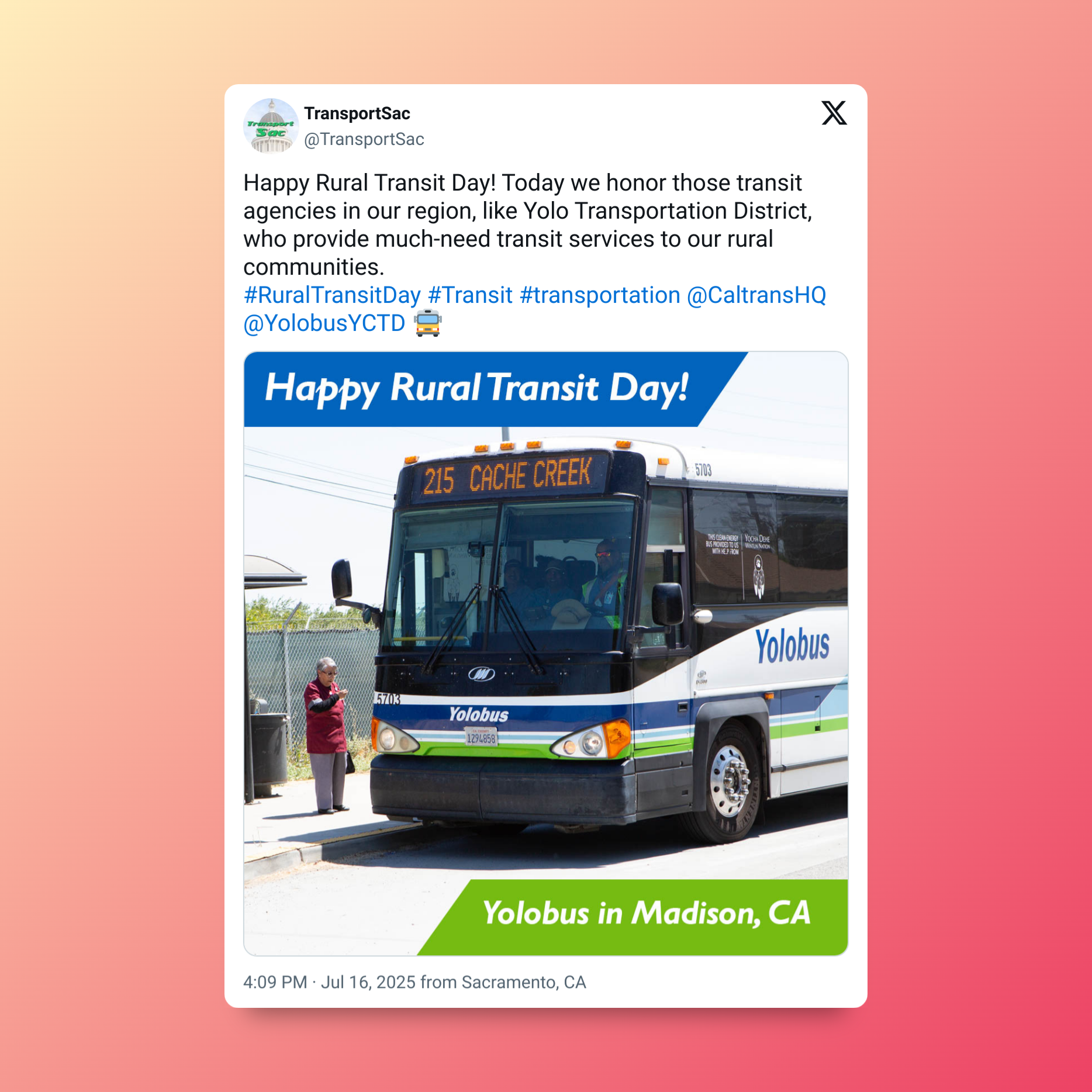 Tweet celebrating Rural Transit Day, featuring a YoloBus in Madison, CA, with a passenger waiting.