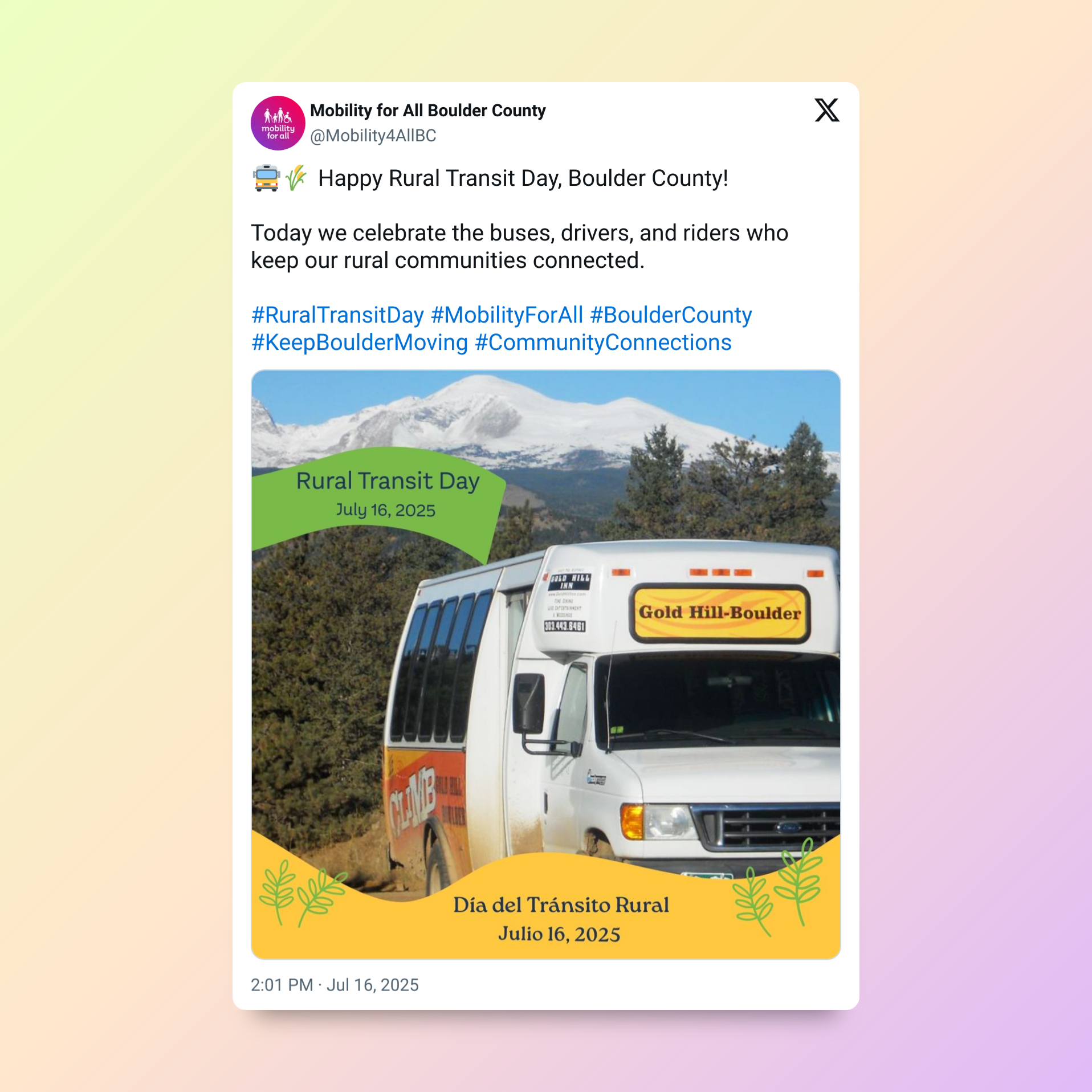 Tweet celebrating Rural Transit Day in Boulder County with a bus in a natural setting.