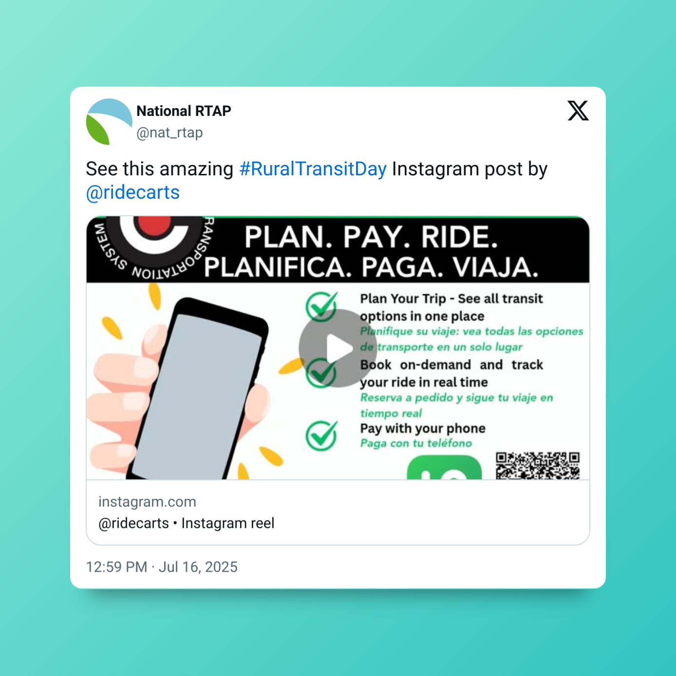 Tweet promoting @ridecarts featuring a hand holding a phone displaying 
