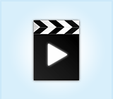 Film slate icon with a white play button.