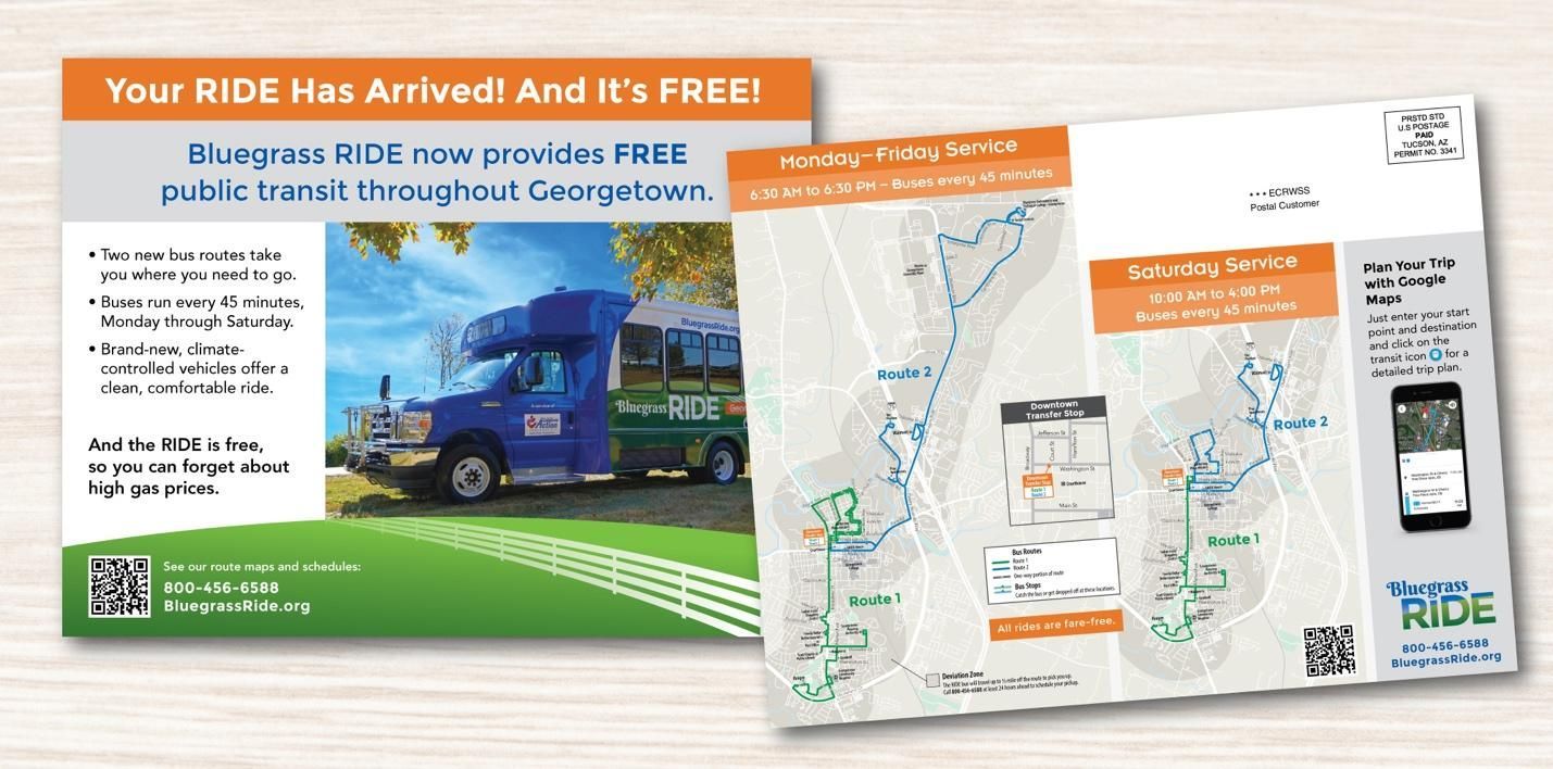 Postcard announcing free public transit in Georgetown; shows bus routes and a map.