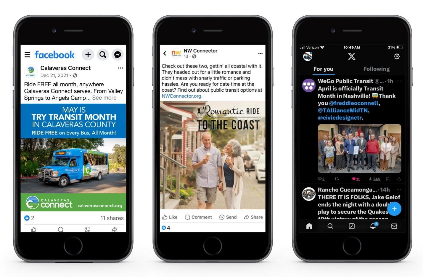 Three mobile phone screens with transit ads: bus, couple, and team.