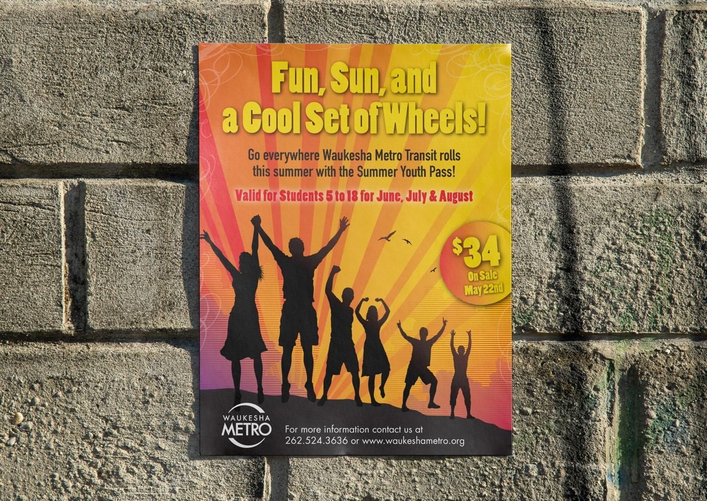 Poster: Fun, Sun, and a Cool Set of Wheels. Summer youth pass ad for students. Silhouettes in front of a yellow sunburst.