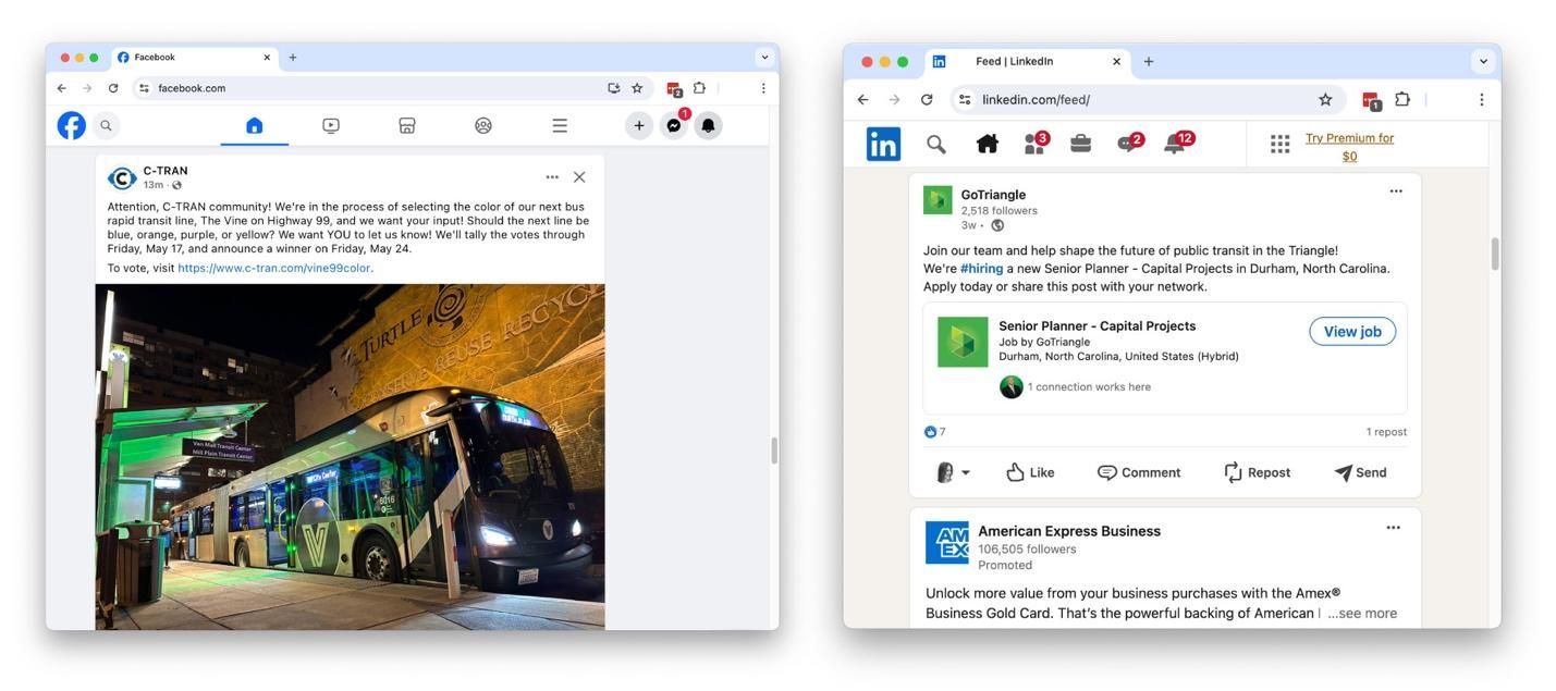 Two browser windows: Facebook post with a photo of a bus and a LinkedIn post.