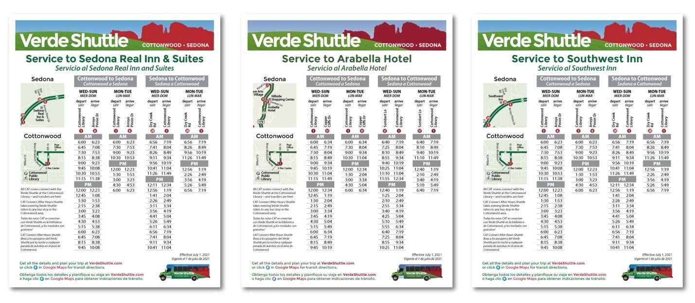 Three sheets of paper with the words verde shuttle on them with routes and times.