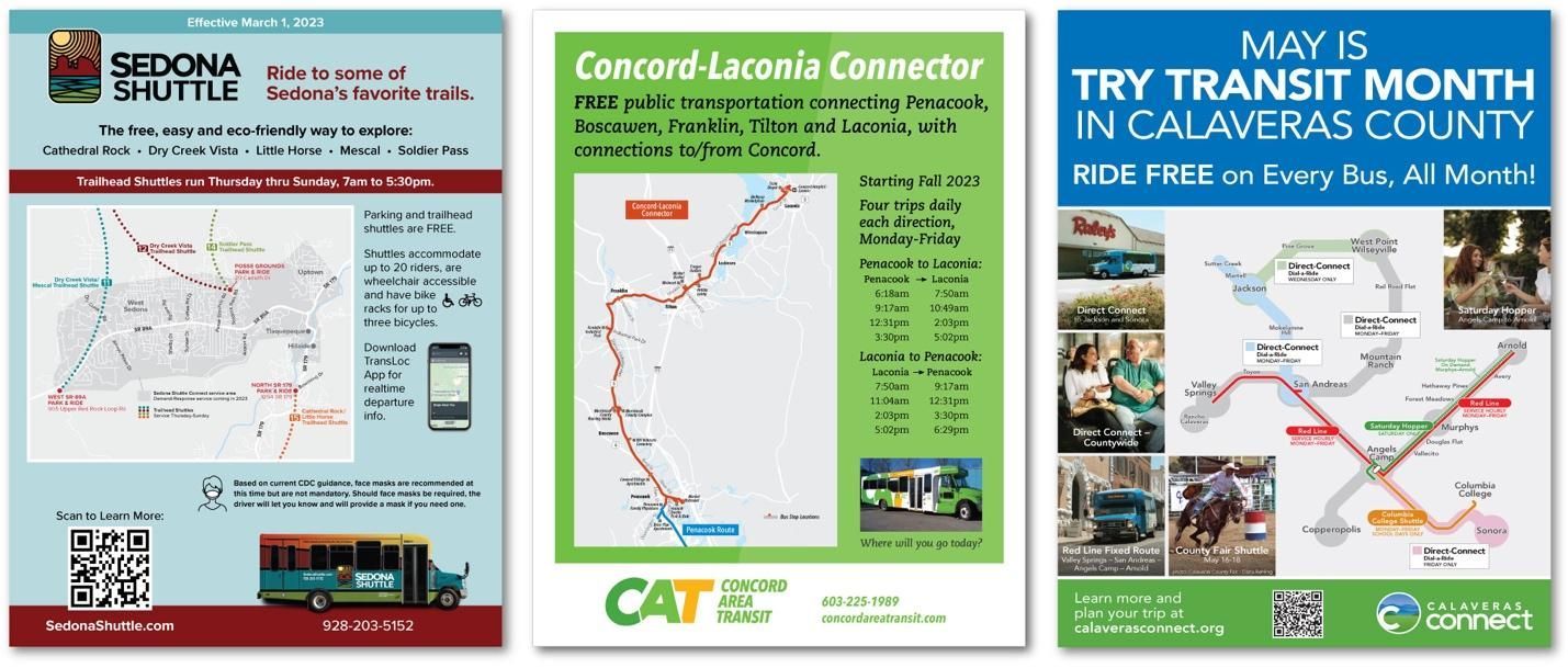 Three transit posters: Sedona Shuttle, Concord-Laconie Connector, and Calaveras County Try Transit Month.