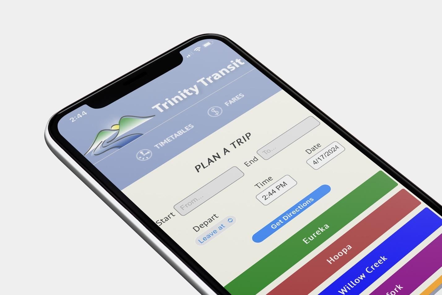 Trinity Transit app on a smartphone, with trip planning interface. Shows routes to Eureka, Hoopa, Willow Creek, and York.