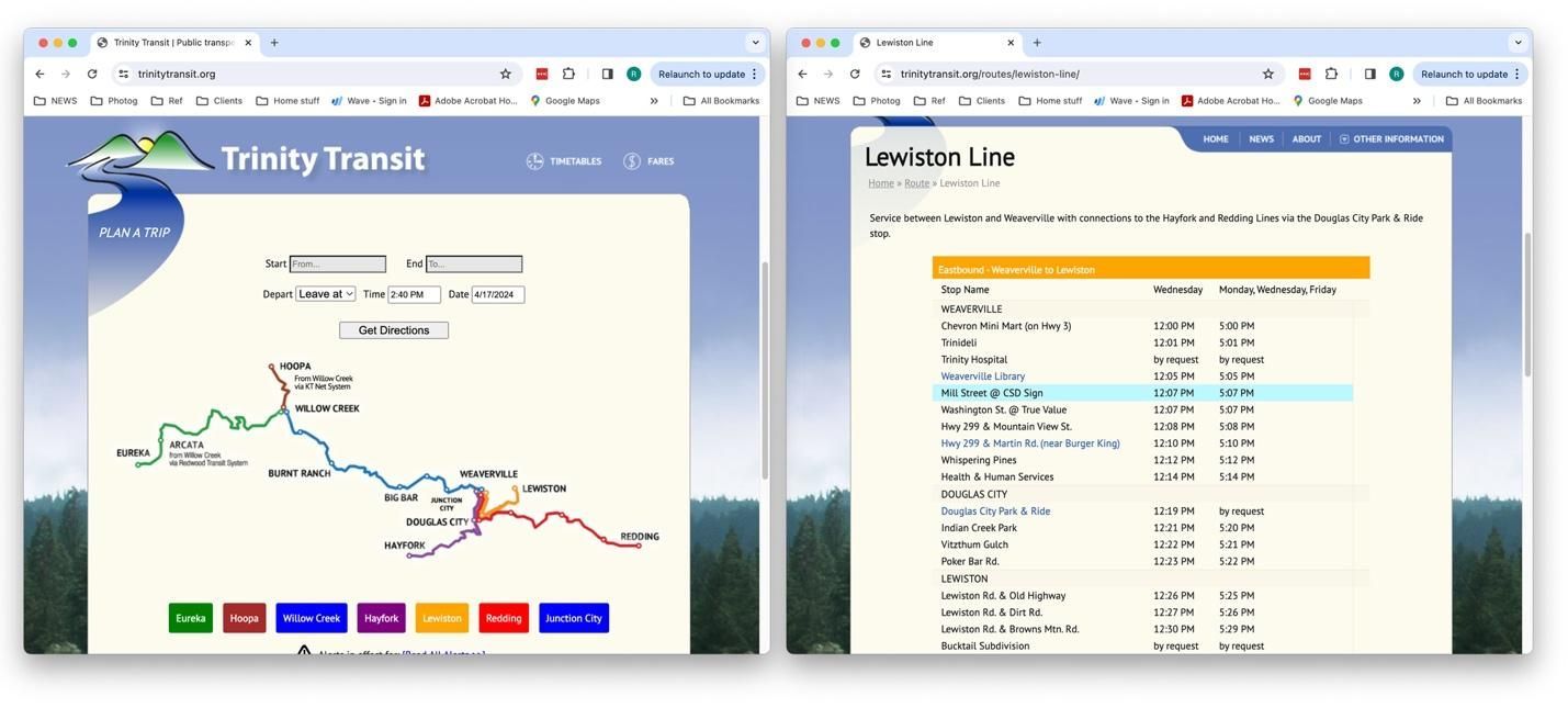 Two browser windows side-by-side. One shows a transit map with route options. The other displays a transit route schedule.