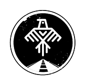 White stylized bird icon over a road within a black circle; white speckled border.