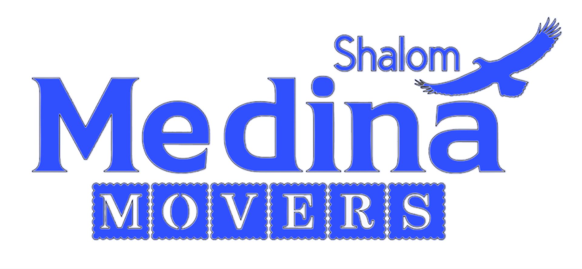 Blue logo reading "Shalom Medina Movers" with a stylized blue eagle graphic above the text.