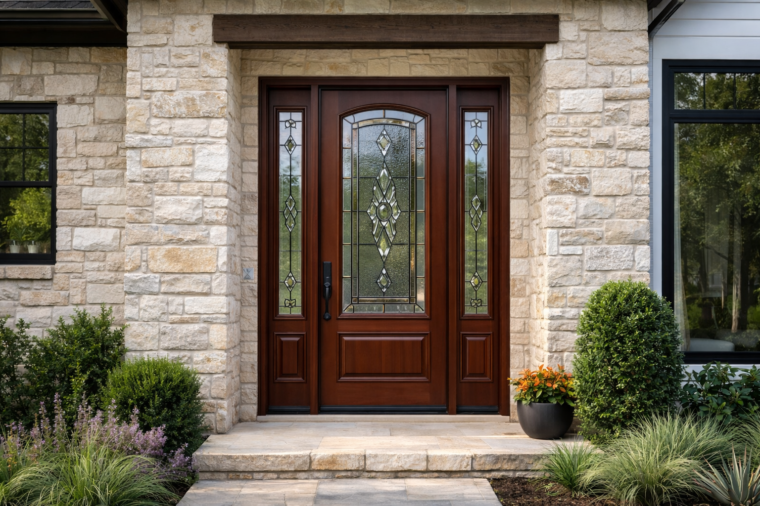 Wooden front door with glass panels and sidelights in a stone-clad entryway.