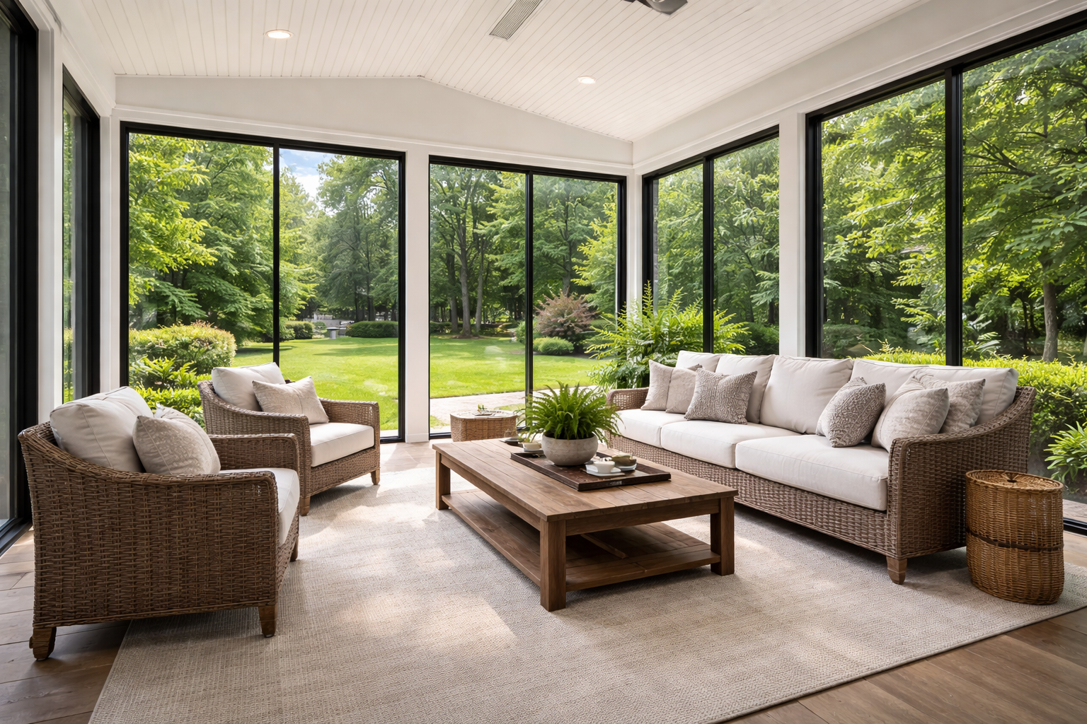 Sunroom with wicker furniture overlooking a lush green yard, with a light rug and wood coffee table.