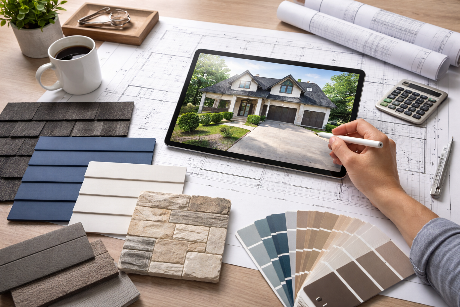 Person using a tablet to design a house with color swatches and samples on a table.