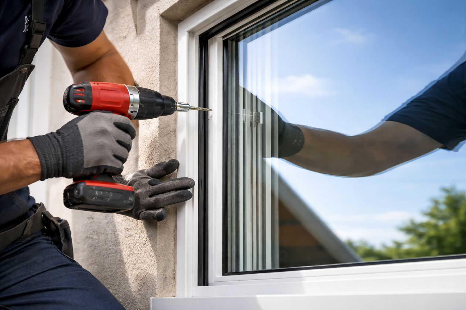 Person installing a window, using a red and black drill.