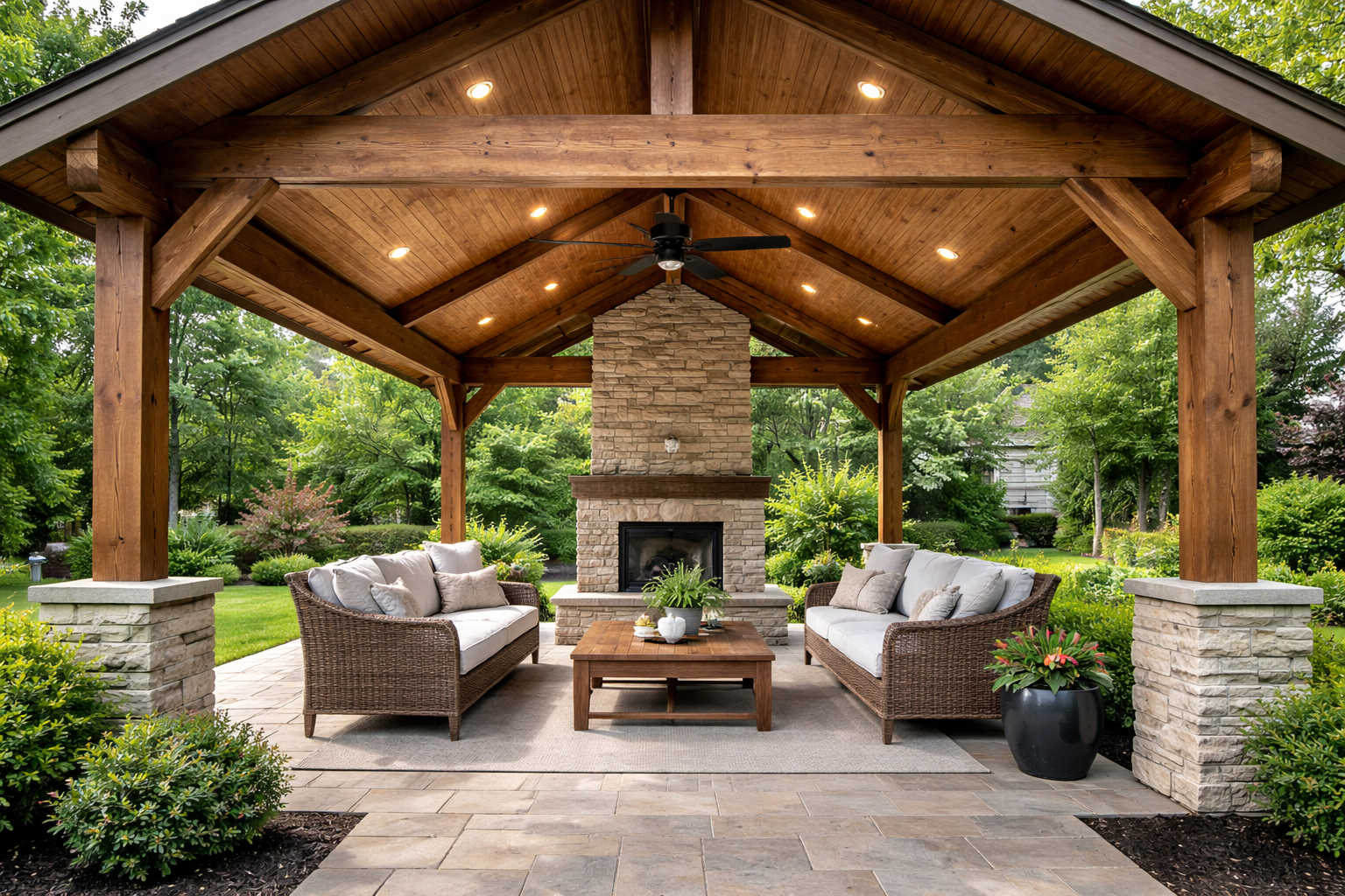Wooden pergola with stone fireplace, seating area, and lush green backyard.