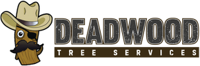 Logo for Deadwood Tree Services: Cowboy log character with mustache and eye patch next to text.