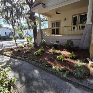 Front porch of a house with steps, railing, landscaped plants, and an orange traffic cone by the stairs