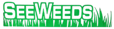 SeeWeeds landscaping and tree services logo with green grass text and light blue tagline