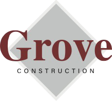 Grove Construction logo: maroon text on a gray diamond, 