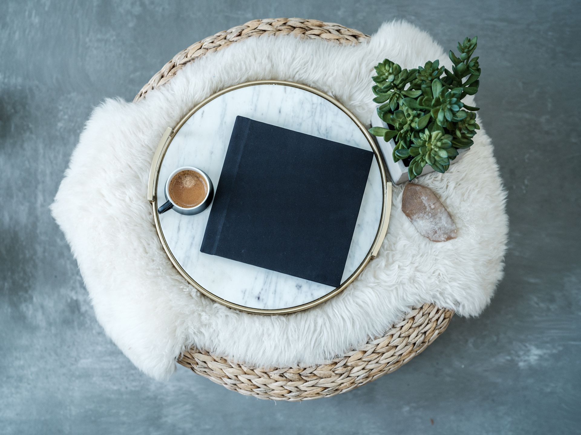 A coffee table with a book, cup of coffee, and plant.