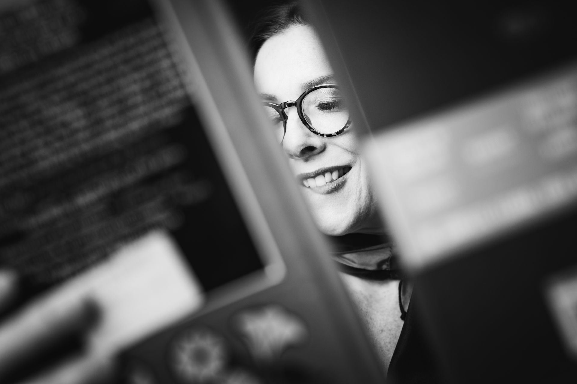 A woman wearing glasses