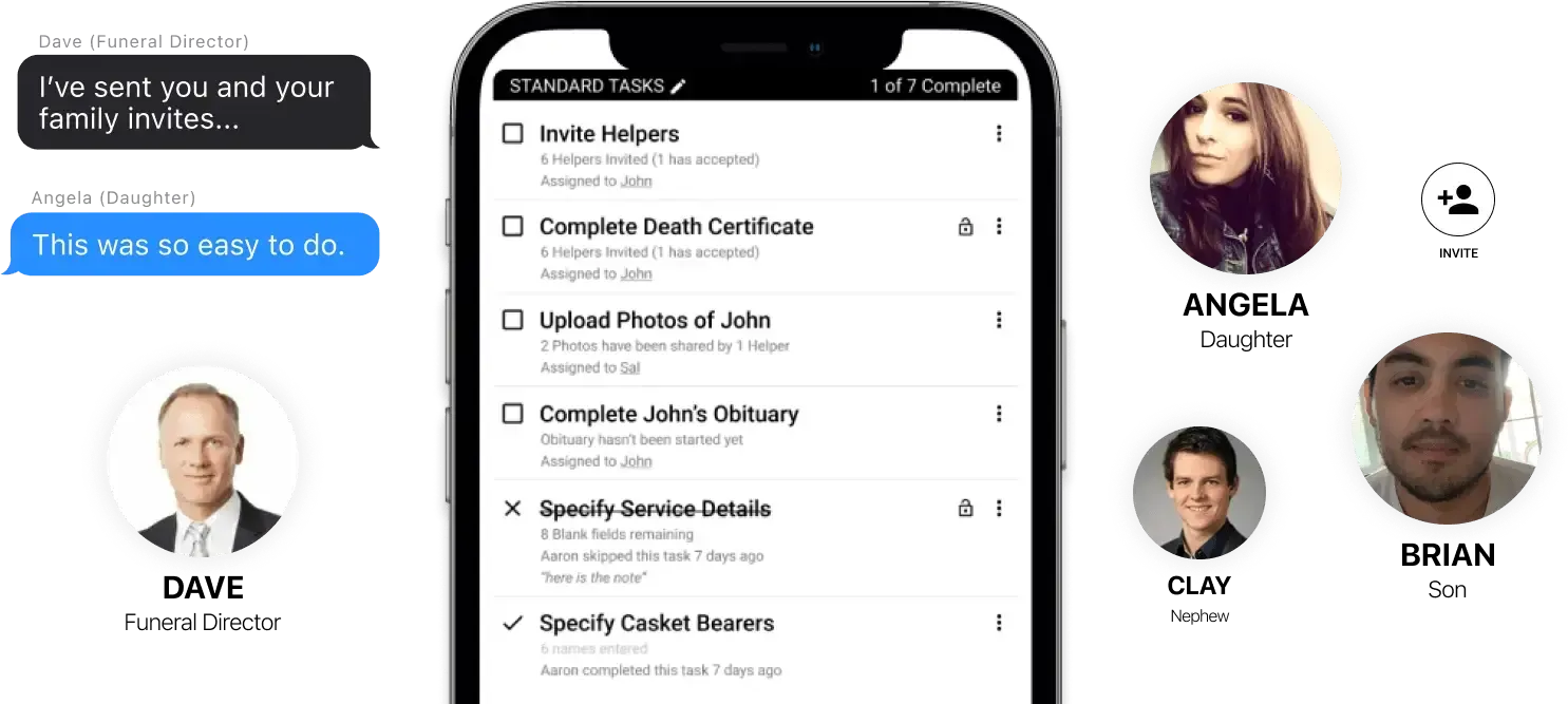 Mobile app UI with a contacts list on one phone and profile tiles of four people on the right
