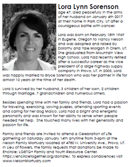 Portrait of a woman beside a memorial tribute text block on a white background