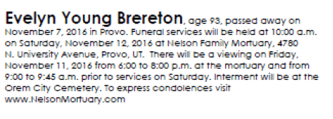 Obituary notice for Evelyn Young Brereton with funeral details and viewing information on a white background.
