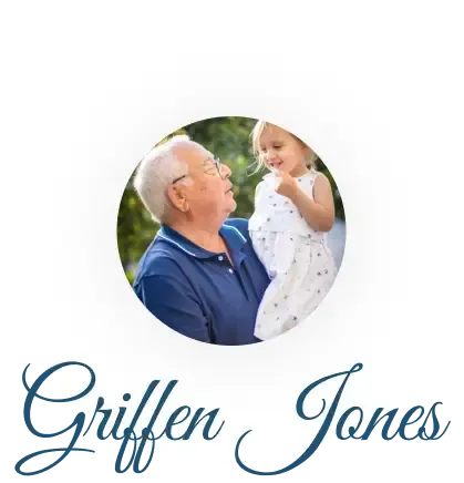 Griffen Jones logo with a smiling man holding a young child in a circular photo