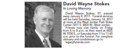 Black-and-white memorial notice for David Wayne Stokes with portrait and service details