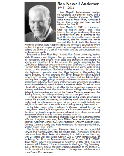 Obituary page for Ron Newell Andersen with portrait and dense memorial text.