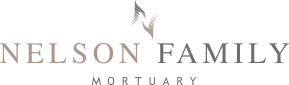 Nelson Family Mortuary logo in gray serif text with abstract roof icon above