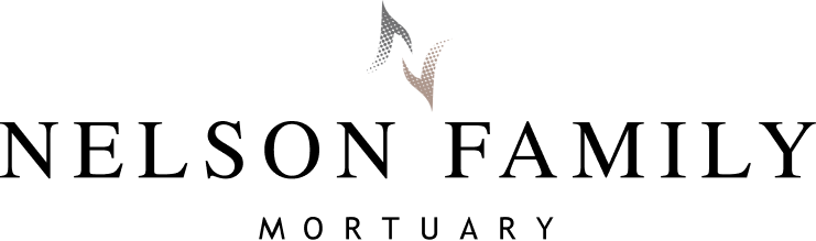 Nelson Family Mortuary logo in black text with a stylized dove above it on a white background