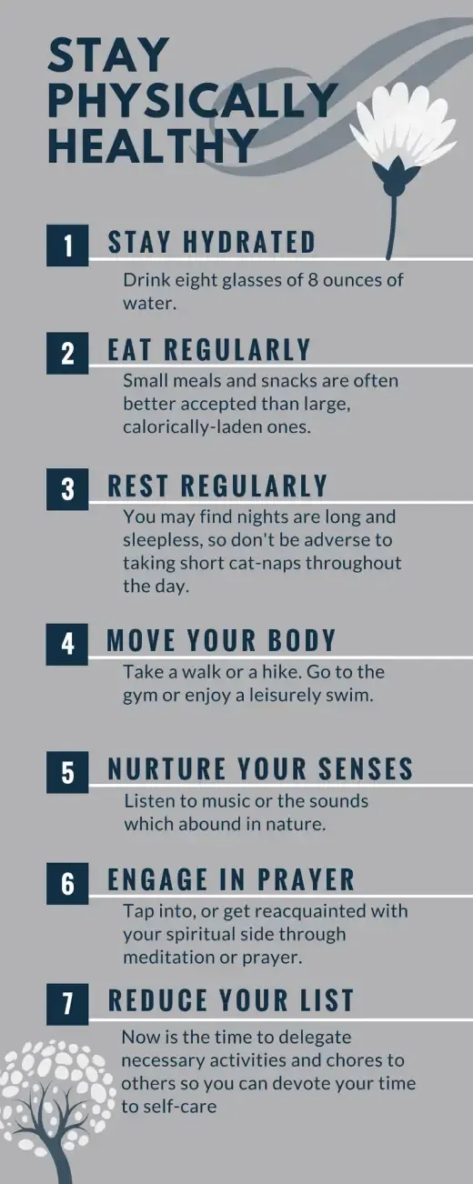 Poster with seven tips for staying physically healthy, on a blue-gray background with bold white text.