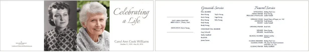 Collage of a portrait, handwritten note, and memorial/service program pages on a white background