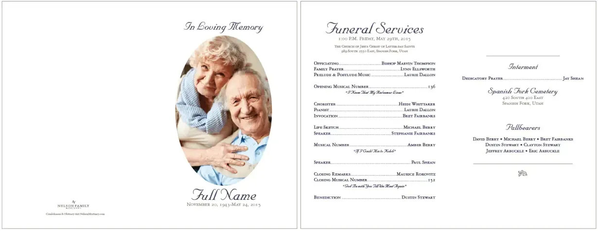 Memorial funeral program featuring a smiling couple’s portrait and service details on a white background