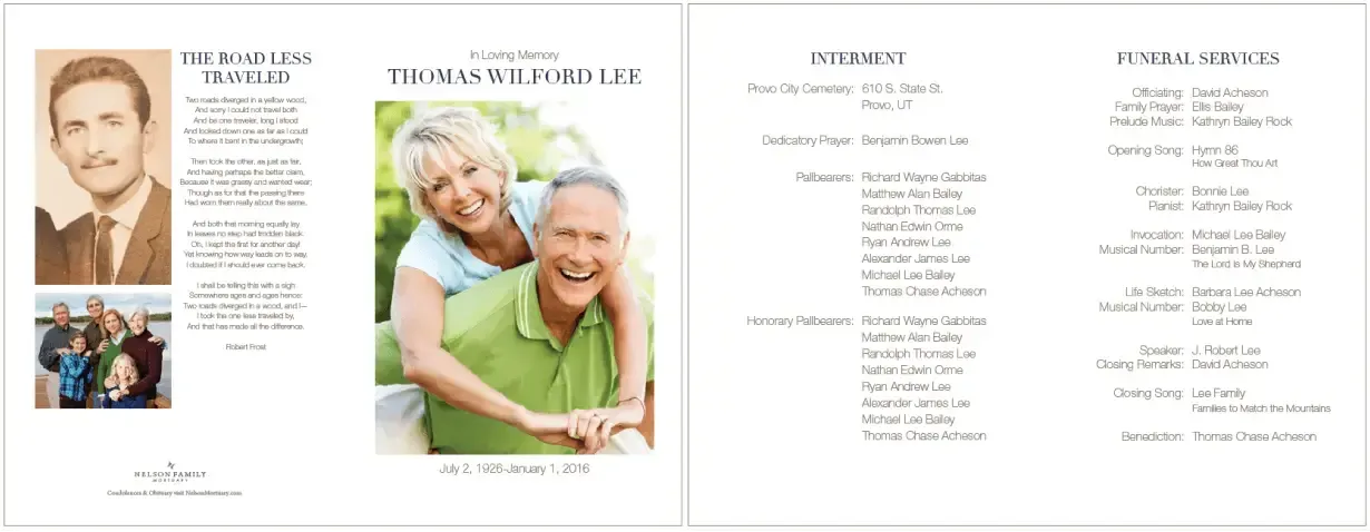 Wedding program brochure with portrait and smiling couple on front, ceremony details on inside pages