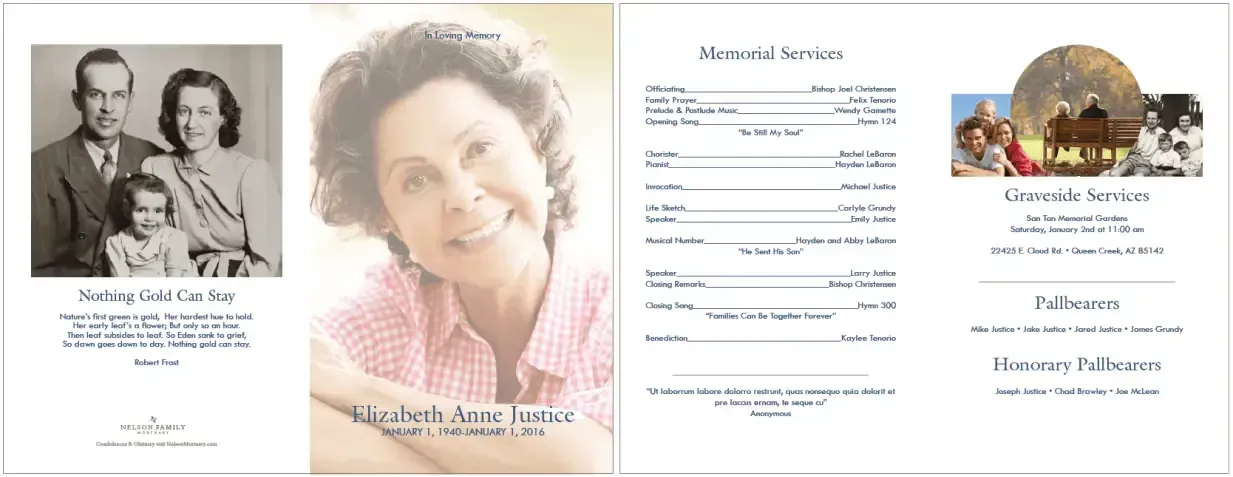 Collage of four memorial-style panels with photos, text, a document, and a church illustration on white background