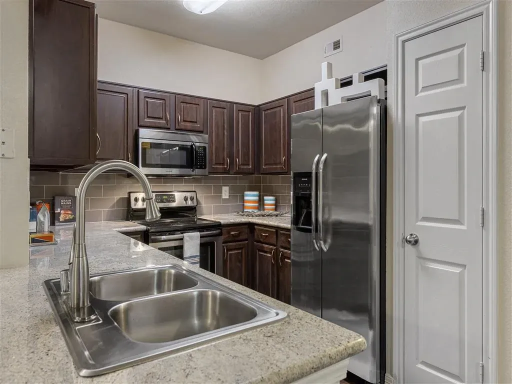 Stainless steel double sink with a gooseneck faucet in a modern kitchen.