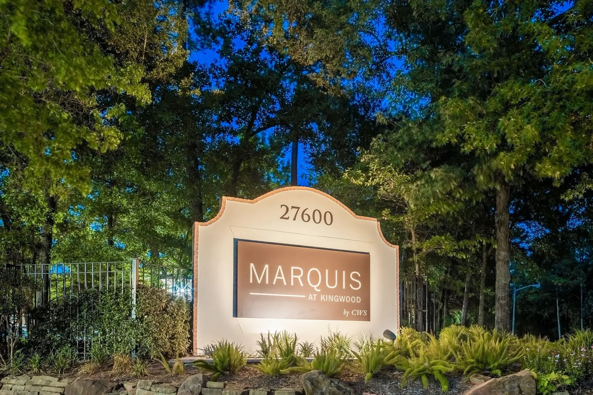 Marquis at Kingwood monument sign with address 27600.
