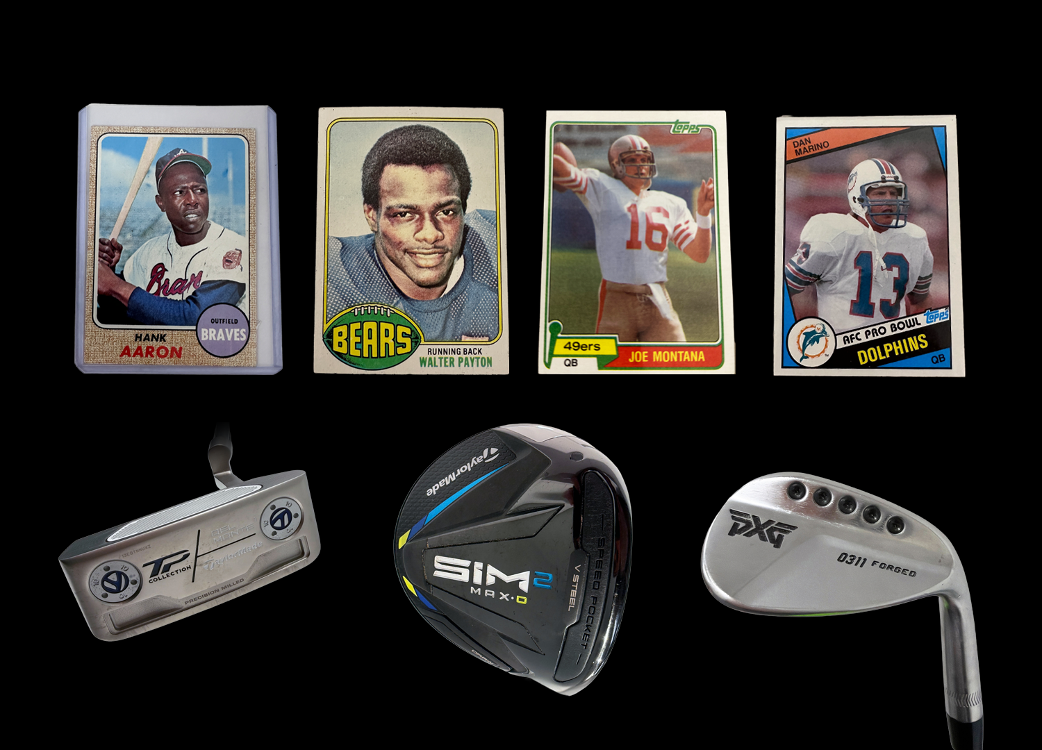 Sport trading cards and golf clubs displayed on a black background 