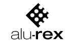 Logo for alu-rex, with a black diamond shape containing white circles above