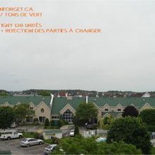 Rangée de maisons de ville aux toits verts sous un ciel nuageux.